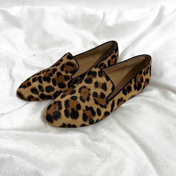 J. Crew Leopard Animal Print Loafer Shoes Size 6.5 Real Fur Dyed Calf Hair - Picture 1 of 7